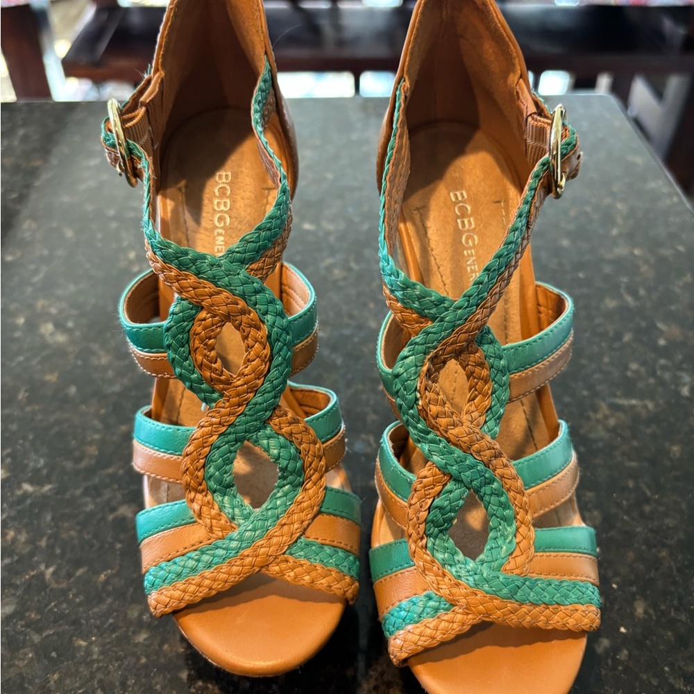 BCBGeneration Tan and Teal Braided Cork Sandals Size 6